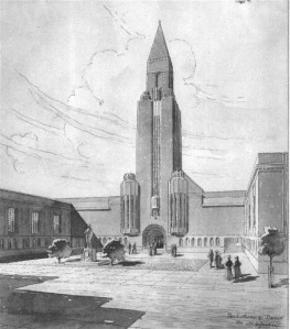 Saarinen polnud kavandanud kogu mahtu ühtse kasti, vaid kolme osana: keskne ja suurim ruum on kirikusaal koos seda rõhutava torniga ning sellest eespool asuvad tiibhooned, mille vahele moodustub väike linnaväljak.  Kiriku kavand 1911. aastast.  