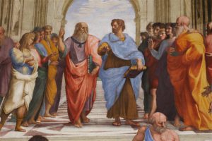Detail Raffaeli freskost „Ateena kool“ Vatikani muuseumis. Kesksed kujud on Platon (vasakul) ja Aristoteles, kelle ümber on Apollo ja Ateena kuju ette kogunenud filosoofe, luuletajaid, õpetlasi ja kunstnikke. 
