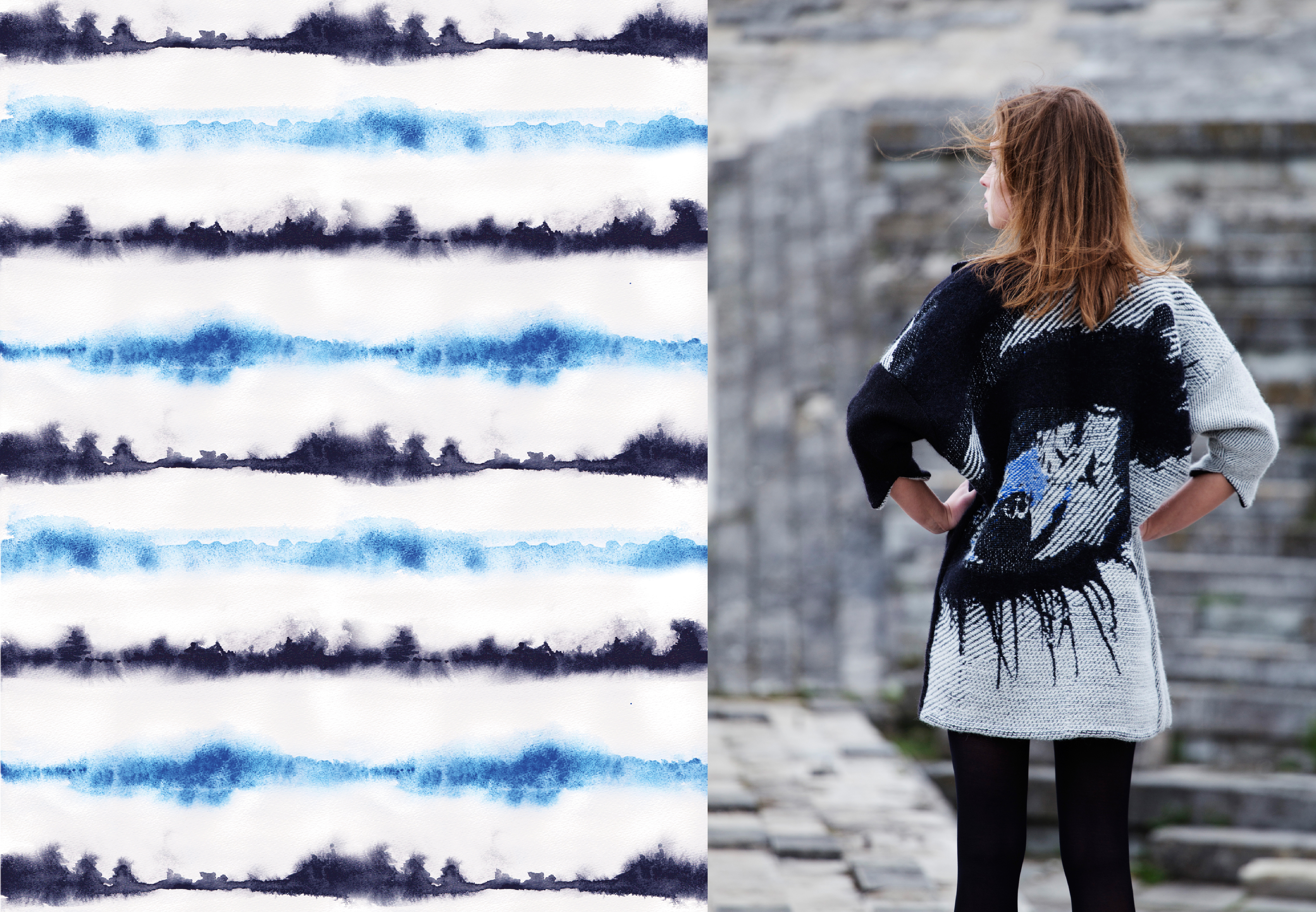 Kairi Katmanni looming. Vasakul: Voodipesu disain Bradley tekstiilile "Nagu merelaine" ja paremal: kollektsioon "I can see you", kootud digitaalsel žakaarteljel.