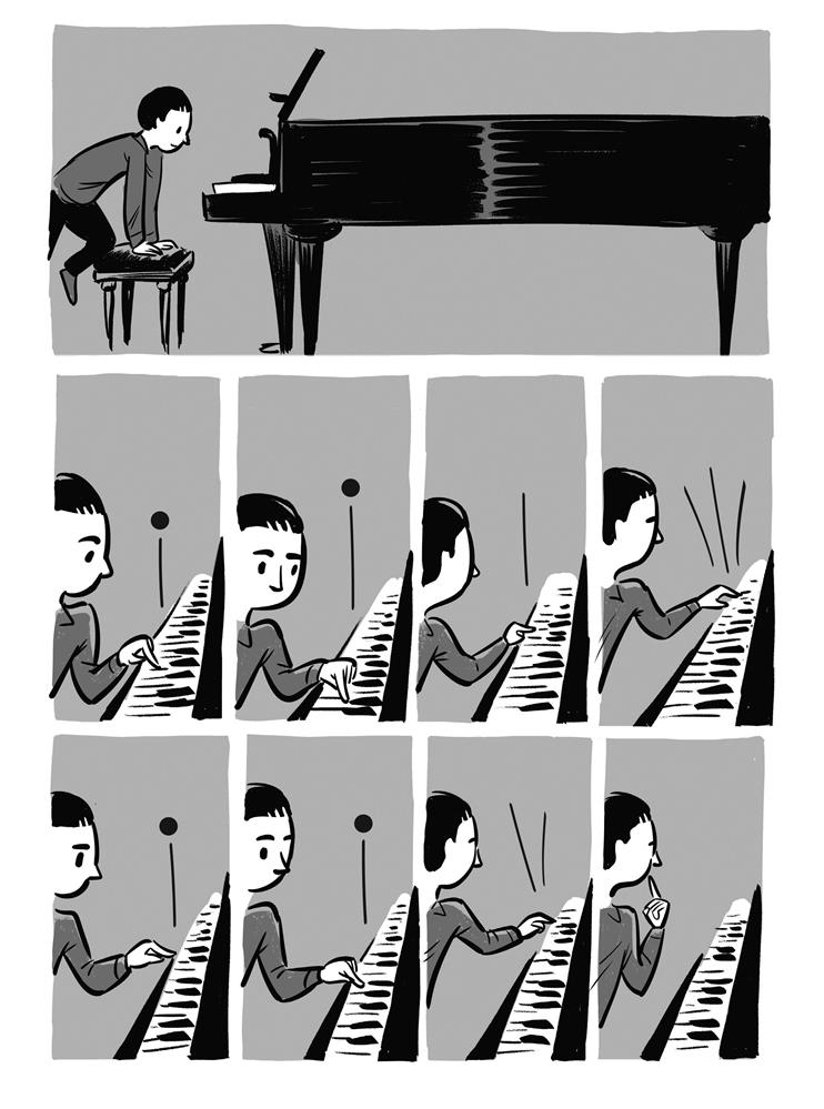 Lehekülg Joonas Sildre valmivast koomiksiraamatust, mis räägib Arvo Pärdist.