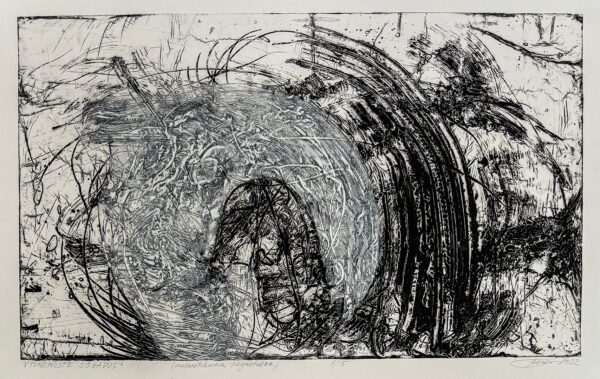 Kunstiakna näituseaknal on Feliks Sarve graafika “Teelahkmed”